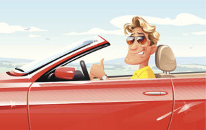 A smiling man with sunglasses driving a red convertible. EPS 10 (image contains transparencies), grouped and labeled in layers.