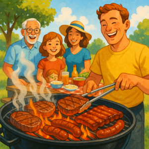 A colorful illustration of a family enjoying a barbecue outdoors. The focus is on the sizzling meat