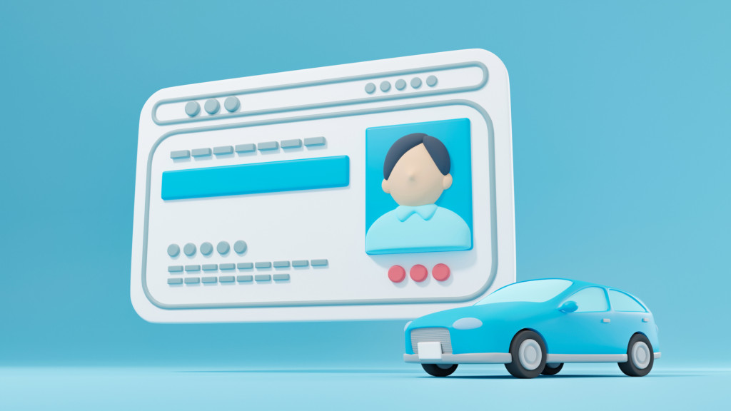 3Dイラストレーションで構成された運転免許証と自動車のイメージ。