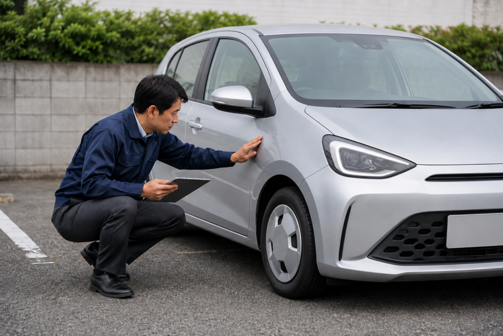 査定担当者が車の外装を確認している様子